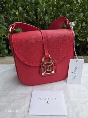 Patrizia Pepe Red Leather Crossbody Bag with Gold Buckle Accent